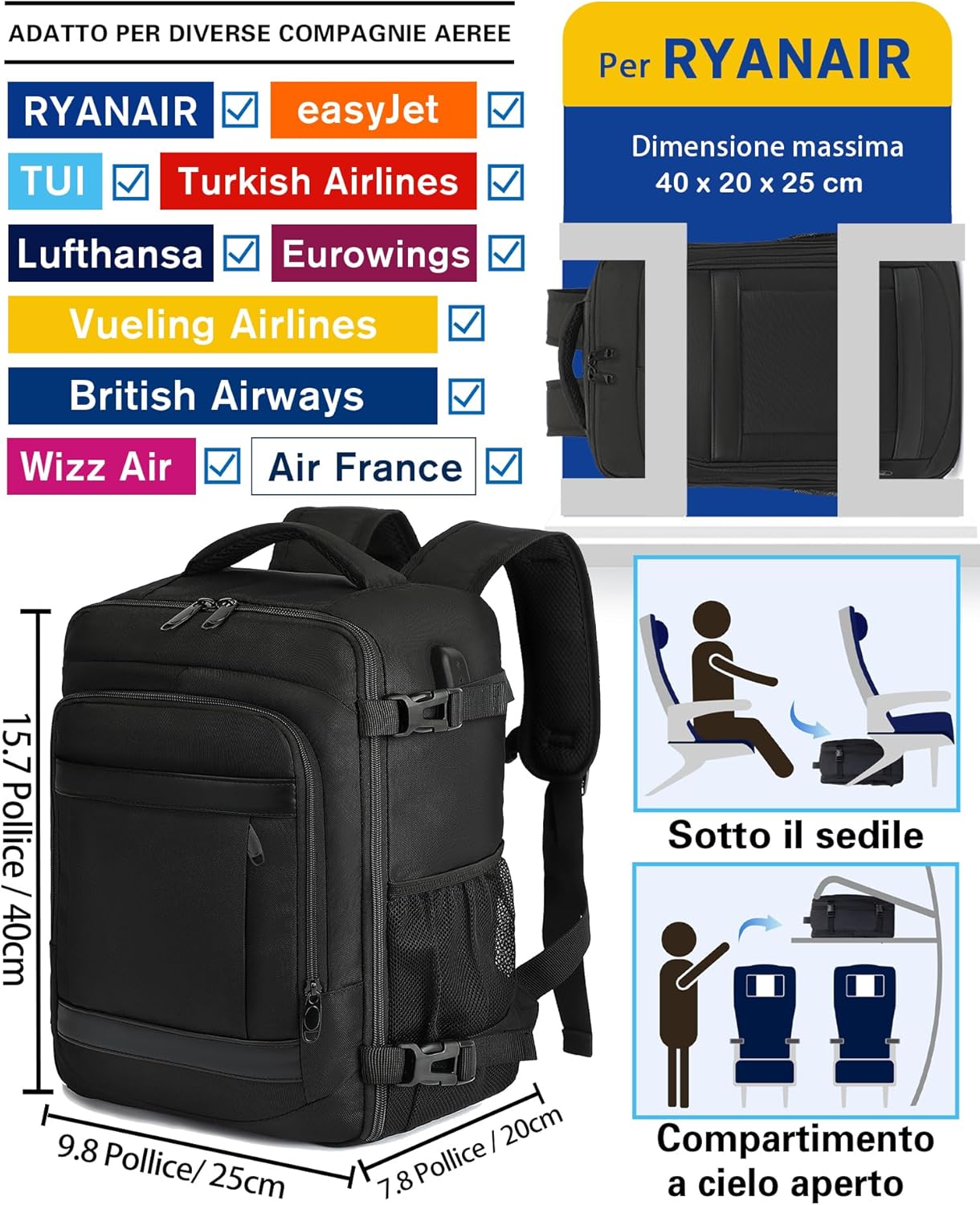 KLOSTAIN Zaino Ryanair 40x20x25 Zaino da Viaggio Aereo Bagaglio a Mano 20L Borsa da Cabina per Uomo e Donna Zaino da Viaggio…