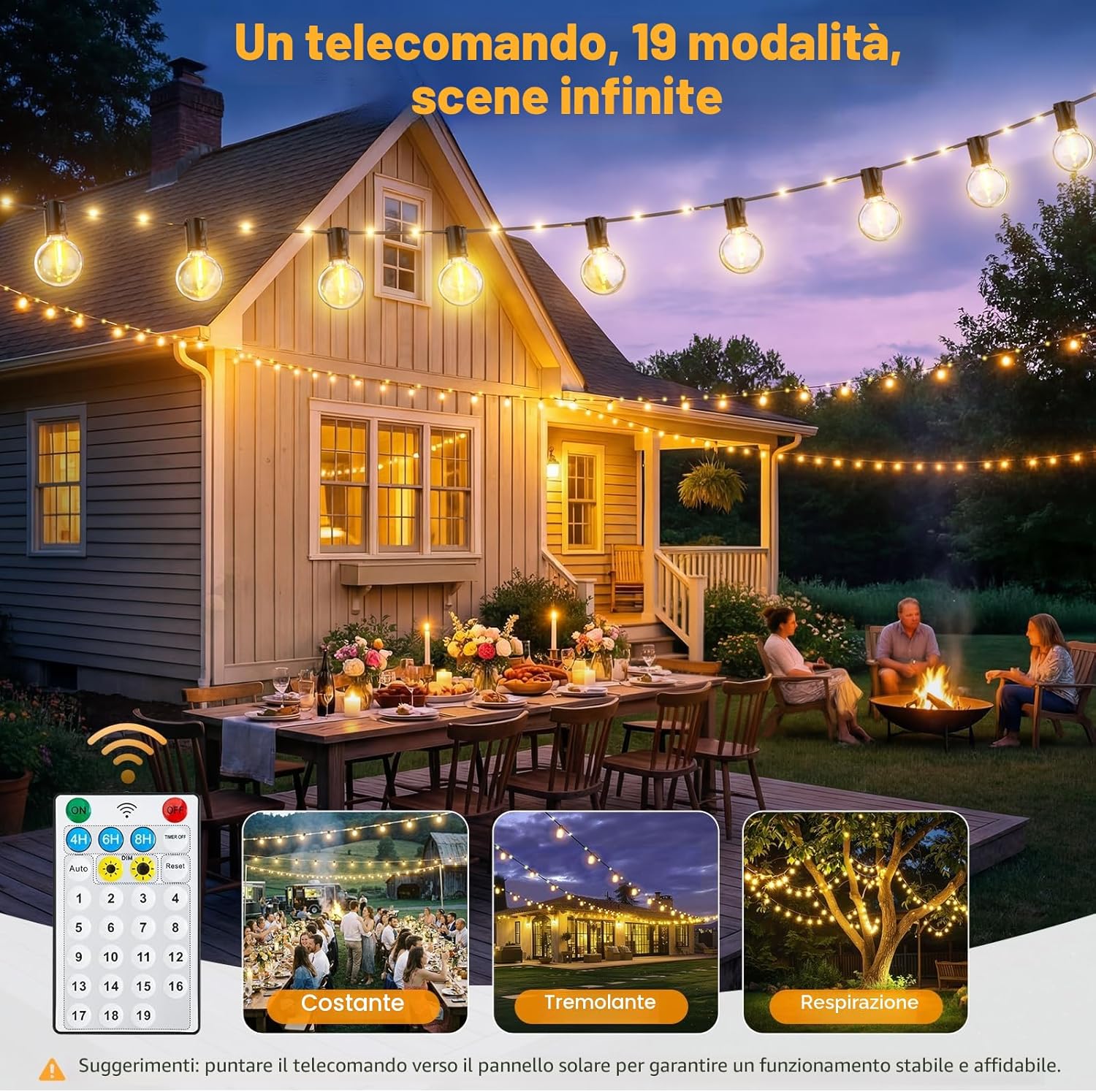Catena Luminosa Esterno Solare 12M 14+1 G40 Lampadine LED Luci Solari per Esterni 19 Modalità Impermeabile Luci Solari Esterno…