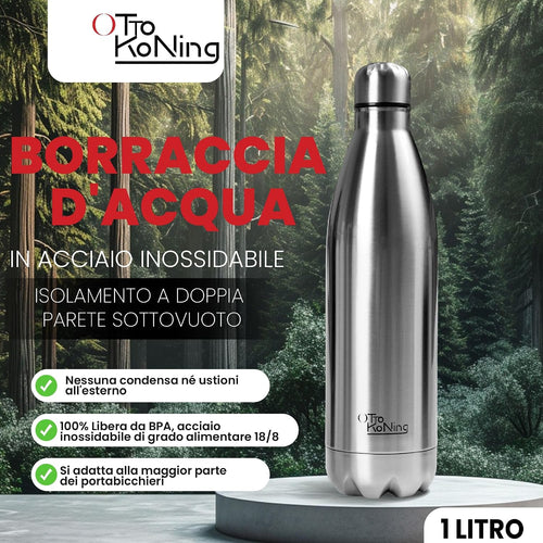 Borraccia Termica 1 Litro Otto Koning, Bottiglia Termica 1L in Acciaio Inox 18/8, Doppia Parete Sottovuoto, Freddo 24h Caldo…