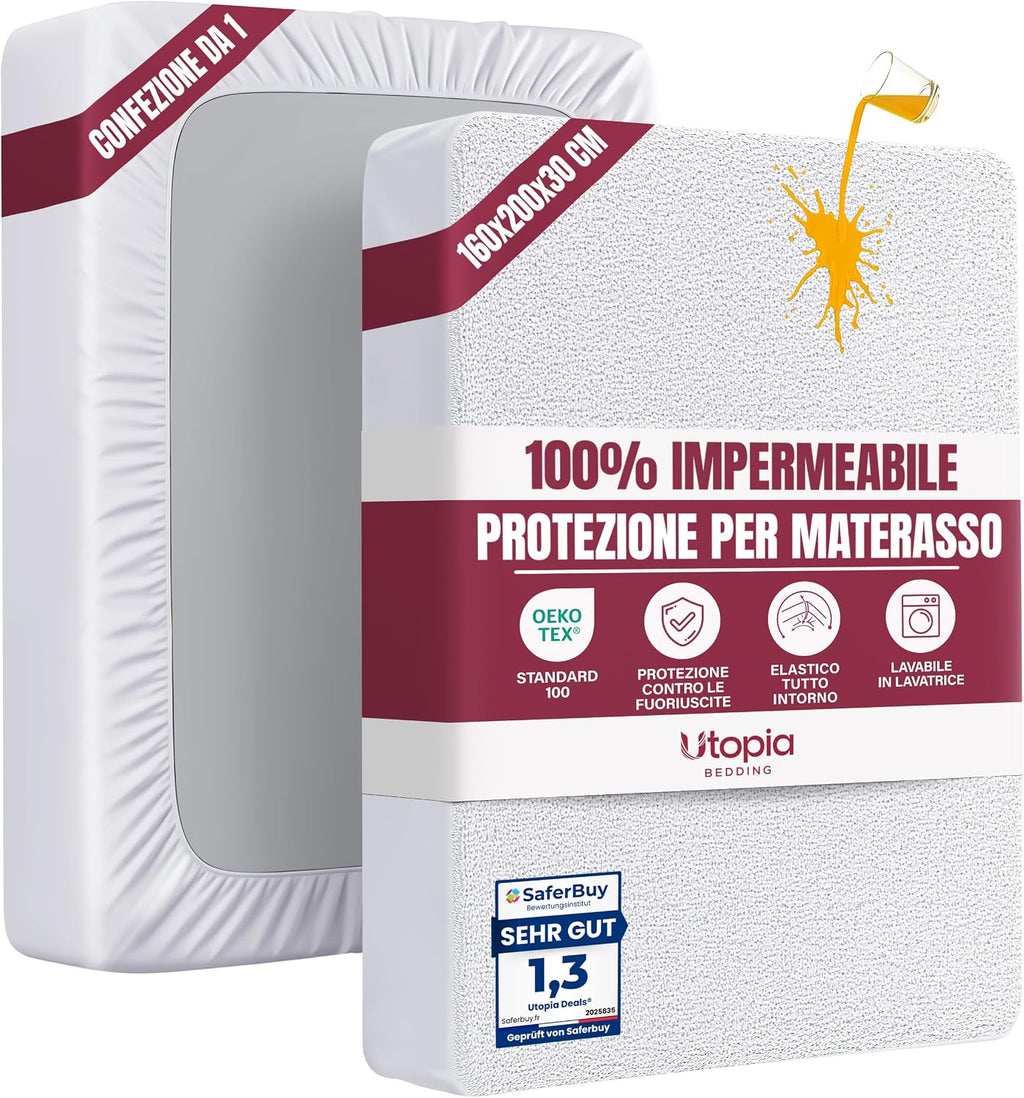 Utopia Bedding Coprimaterasso Matrimoniale Impermeabile 160 x 200 x 30 cm, Certificato OEKO-TEX, Proteggi Materasso,…
