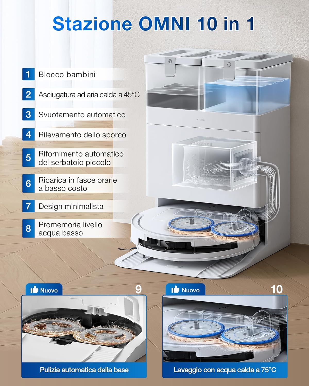 Robot aspirapolvere ultrasottile ECOVACS DEEBOT T50 OMNI che pulisce facilmente sotto un divano basso.