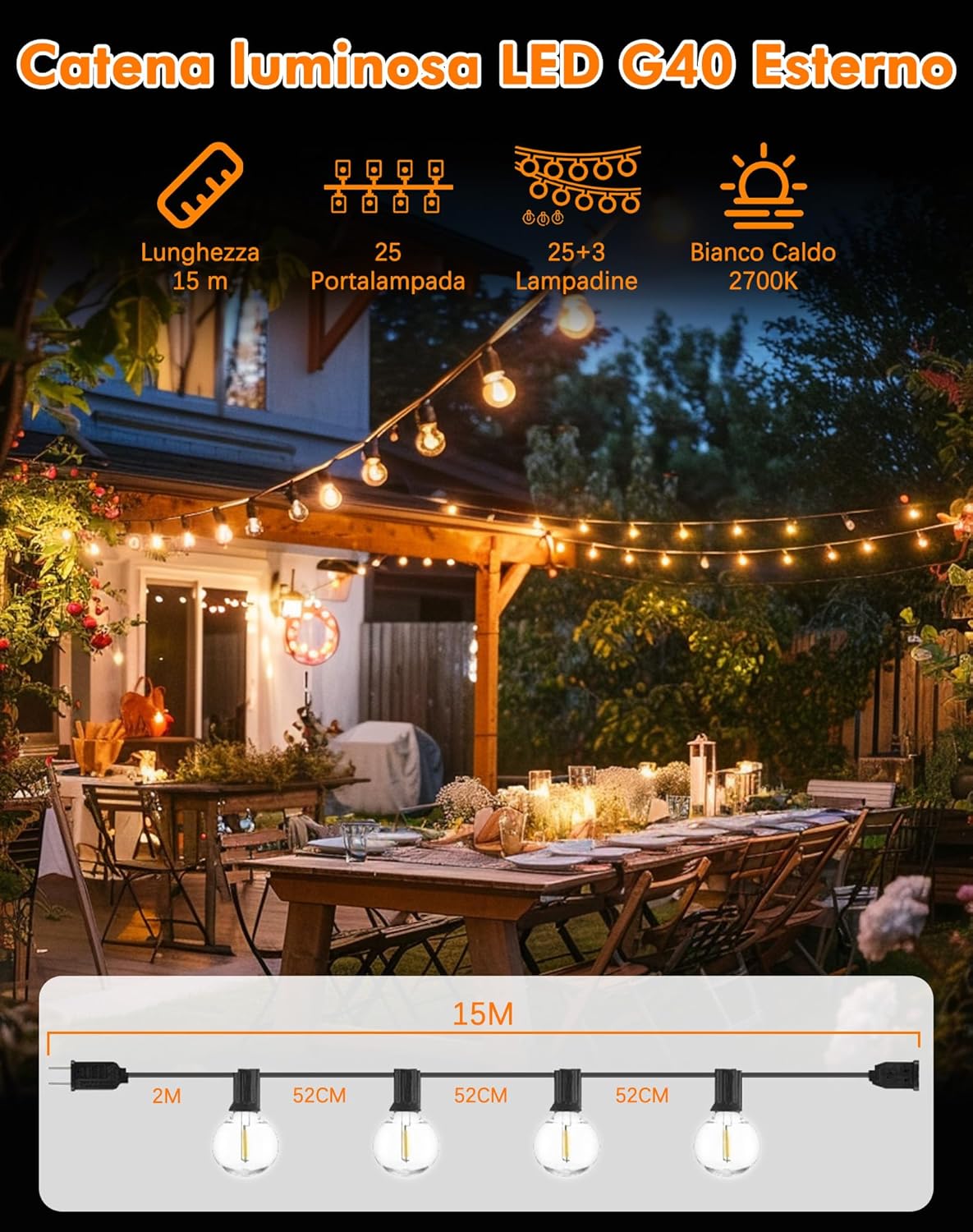 ROVLAK Catena Luminosa Esterno 15M, Luci da Esterno Giardino con 25+3 Lampadine LED G40 in…