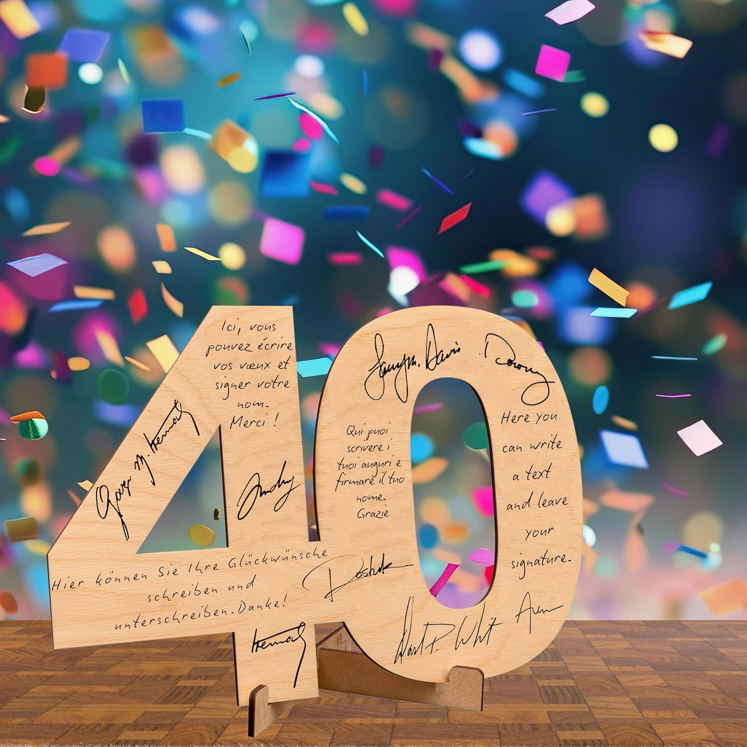 Grafica con le dimensioni del biglietto d'auguri in legno a forma di 40, alto 18 cm con base di supporto.