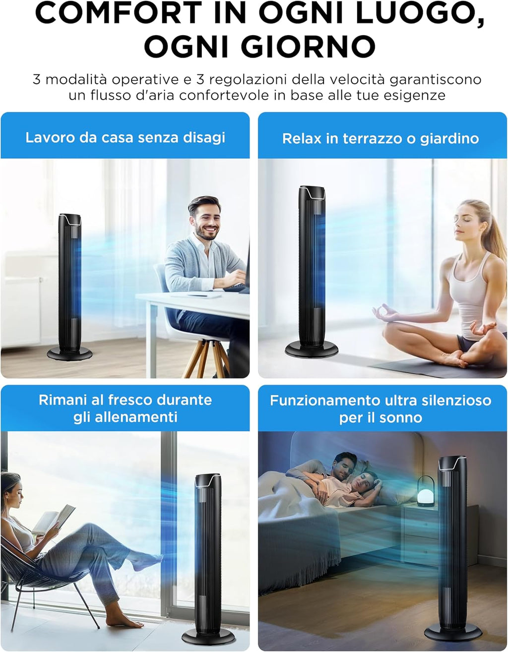Schema con le dimensioni e l'altezza del ventilatore a colonna oscillante Midea FZ10-17JR.