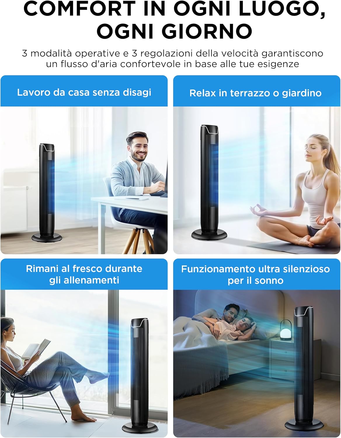 Schema con le dimensioni e l'altezza del ventilatore a colonna oscillante Midea FZ10-17JR.