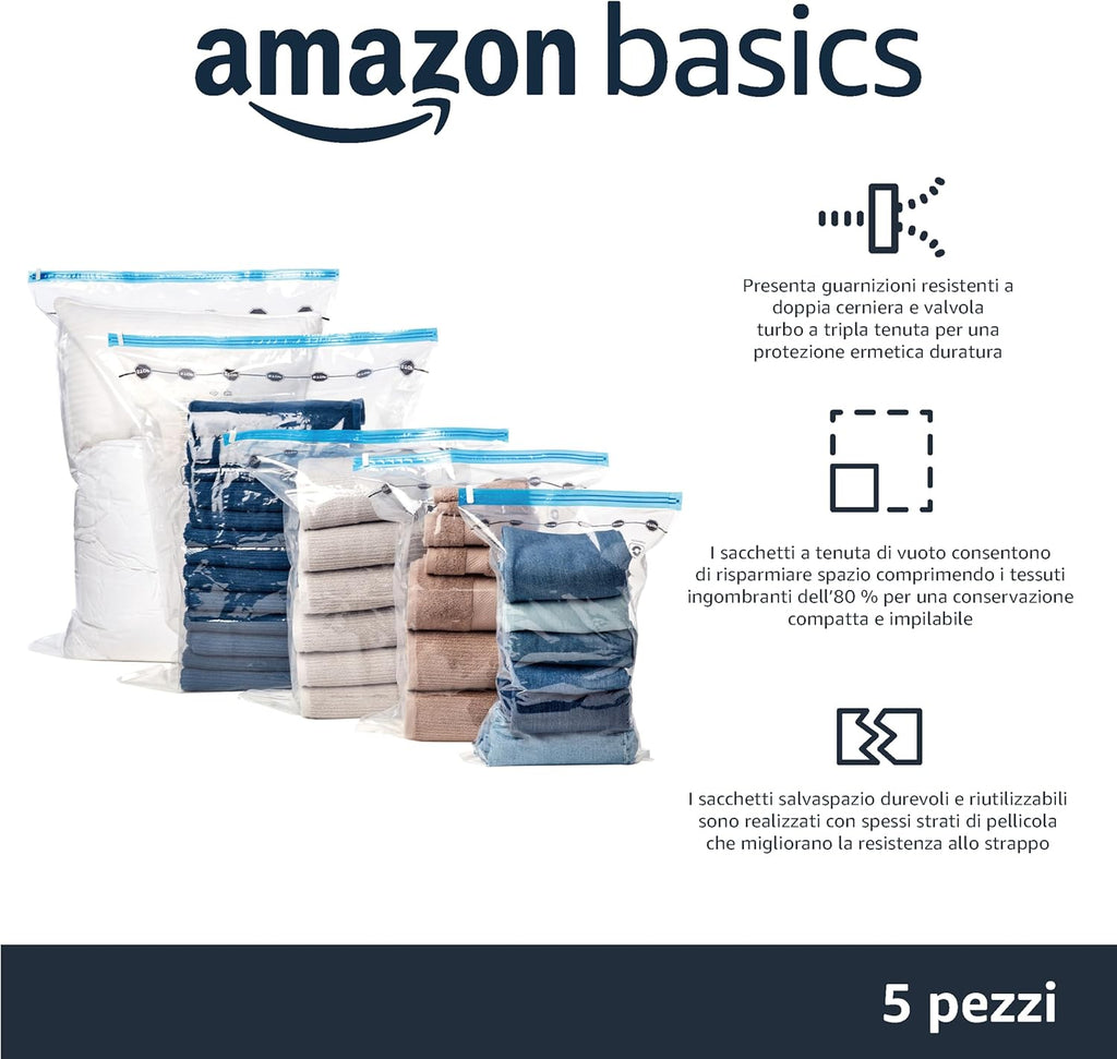 Amazon Basics Sacchetti sottovuoto con Pompa a Mano, Cerniera, Misura Grande, Confezione da 5, Trasparente