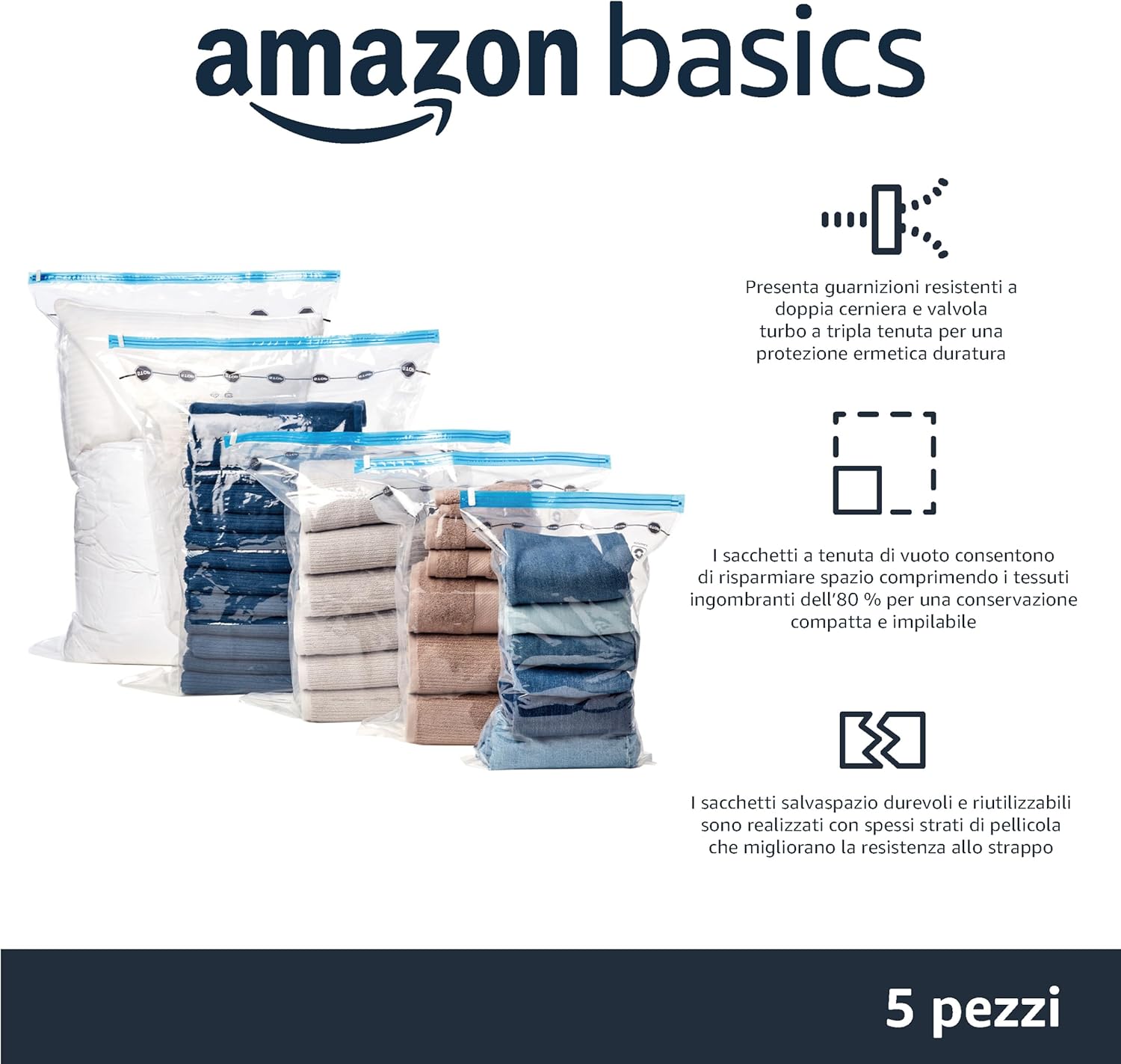 Amazon Basics Sacchetti sottovuoto con Pompa a Mano, Cerniera, Misura Grande, Confezione da 5, Trasparente