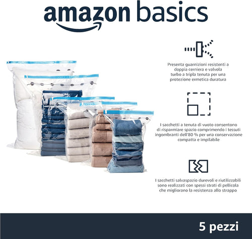 Amazon Basics Sacchetti sottovuoto con Pompa a Mano, Cerniera, Misura Grande, Confezione da 5, Trasparente