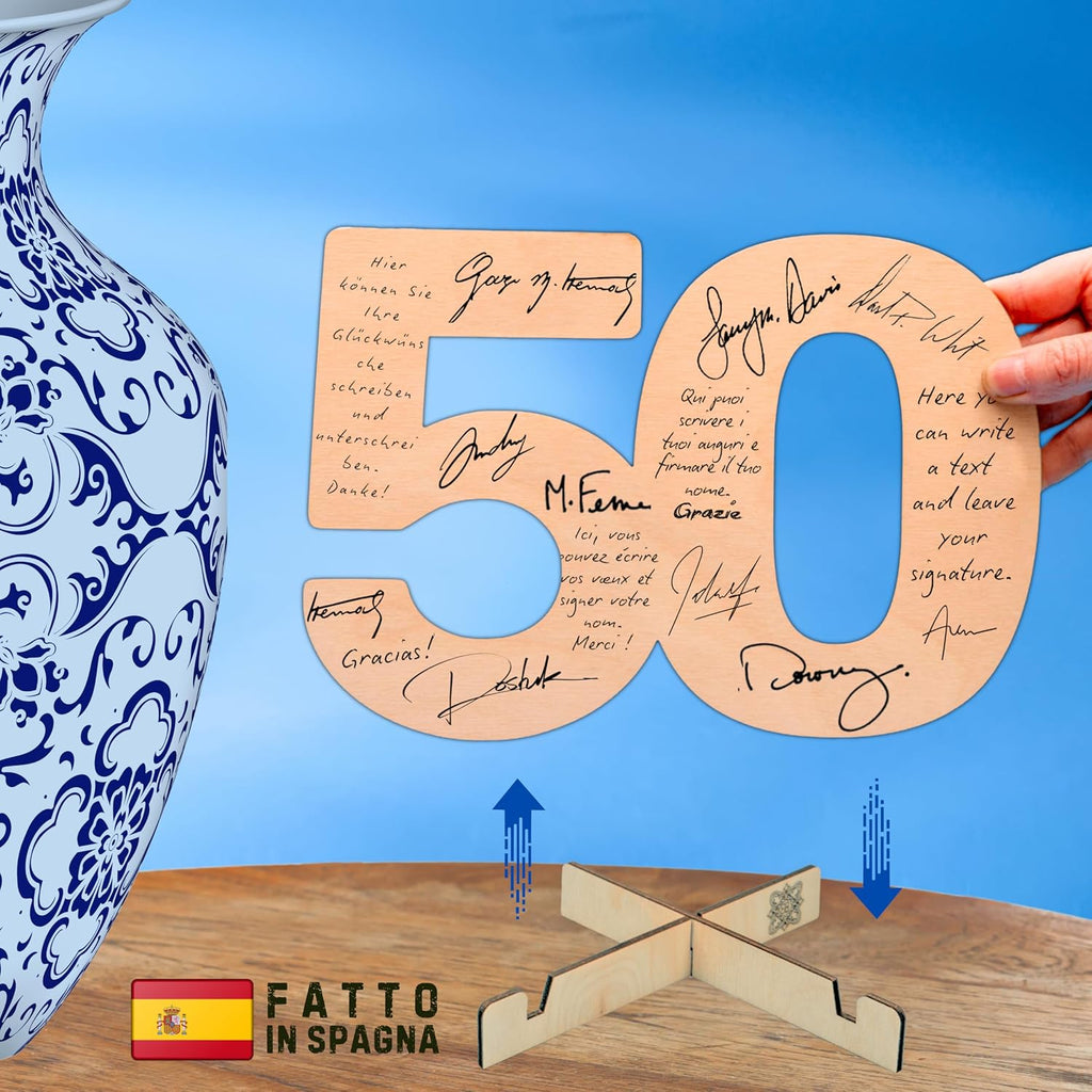 CUBIBOO ART Biglietto Auguri 50 Anni Uomo, Donna Numeri in Legno Naturale 18CM con Supporto - Biglietto 50 Anni Matrimonio