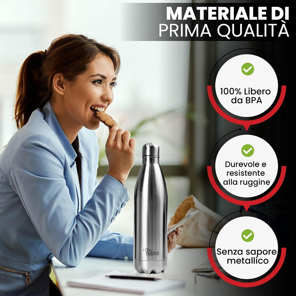Borraccia Termica 1 Litro Otto Koning, Bottiglia Termica 1L in Acciaio Inox 18/8, Doppia Parete Sottovuoto, Freddo 24h Caldo…