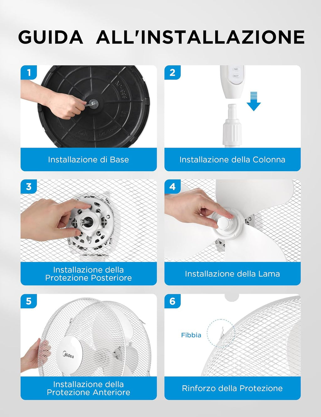 Package box and contents of Midea MFS400M0APW0 fan