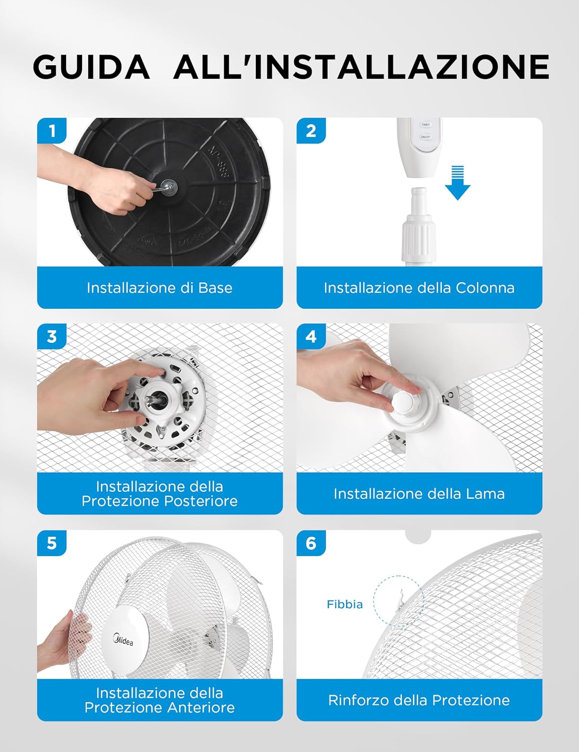 Package box and contents of Midea MFS400M0APW0 fan