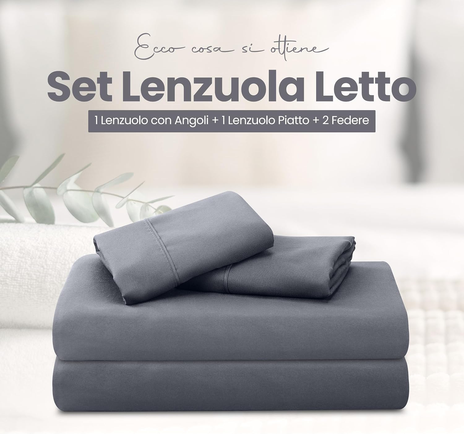 Utopia Bedding Set Lenzuola Letto 4 Pezzi, 180x200cm, Grigio | Lenzuolo con Angoli, Lenzuolo Piatto e 2 Federe 50x75…