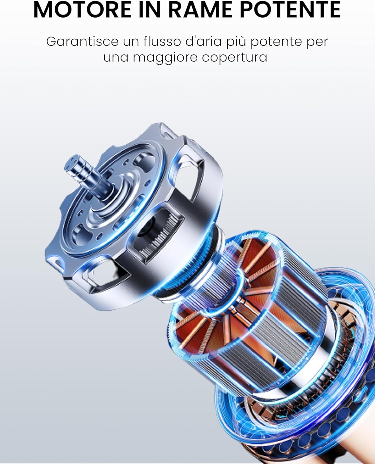 Ventilatore Comfee oscillante con freccia che mostra l'ampio angolo di inclinazione