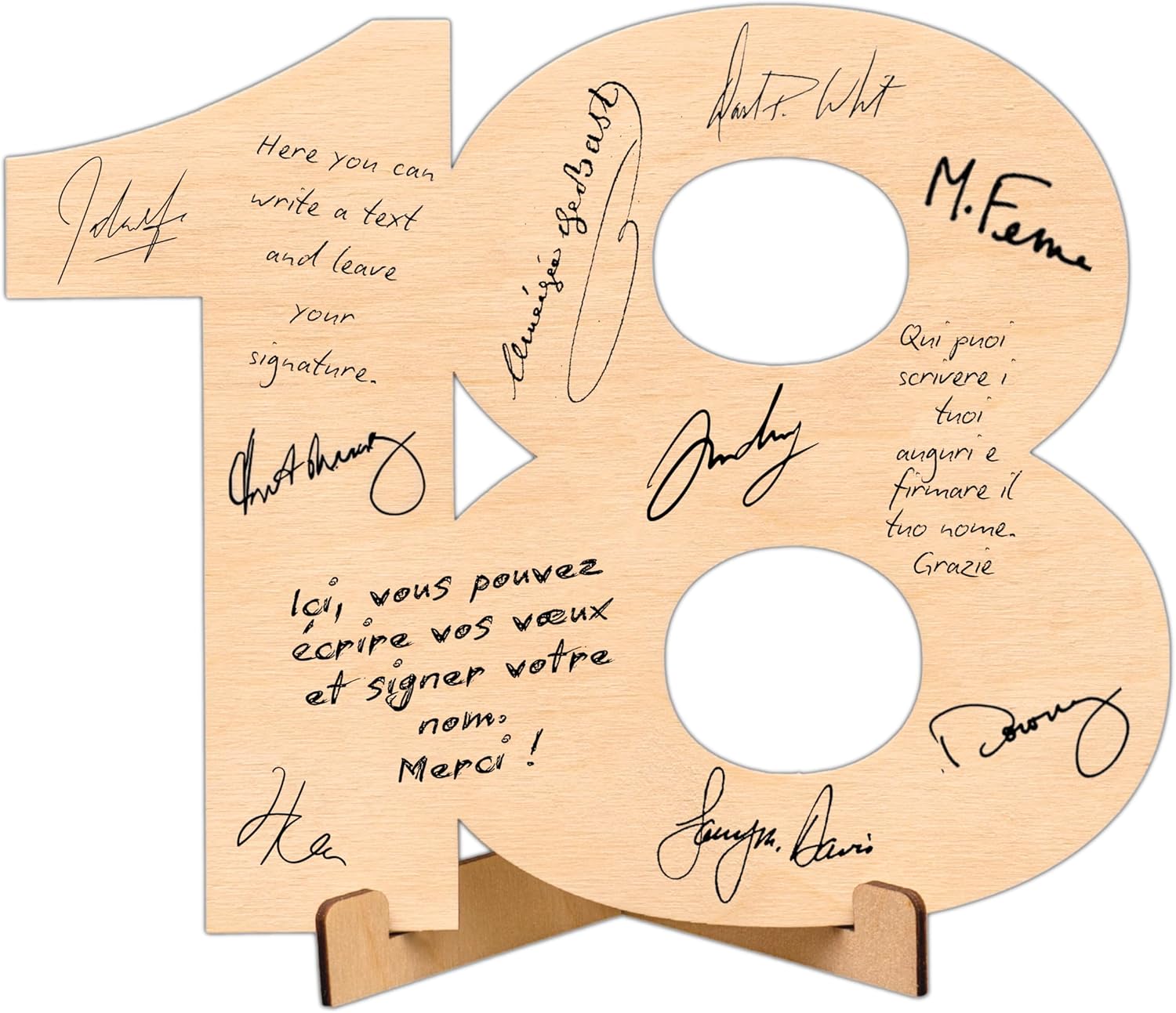 Vista posteriore del numero 40 in legno inserito saldamente nella sua base di supporto stabile.