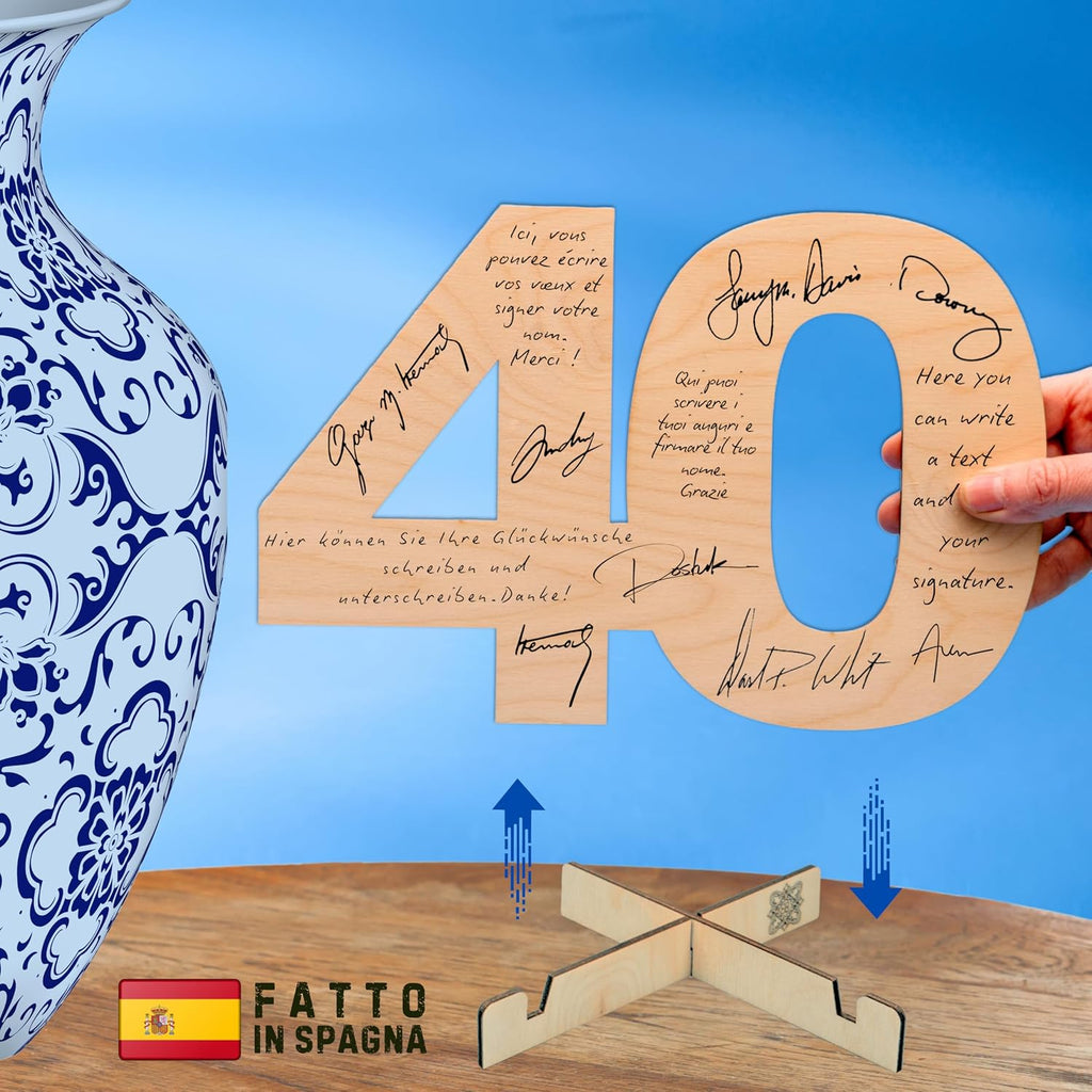 Numero 40 in legno con supporto esposto come centrotavola decorativo per festa di compleanno.