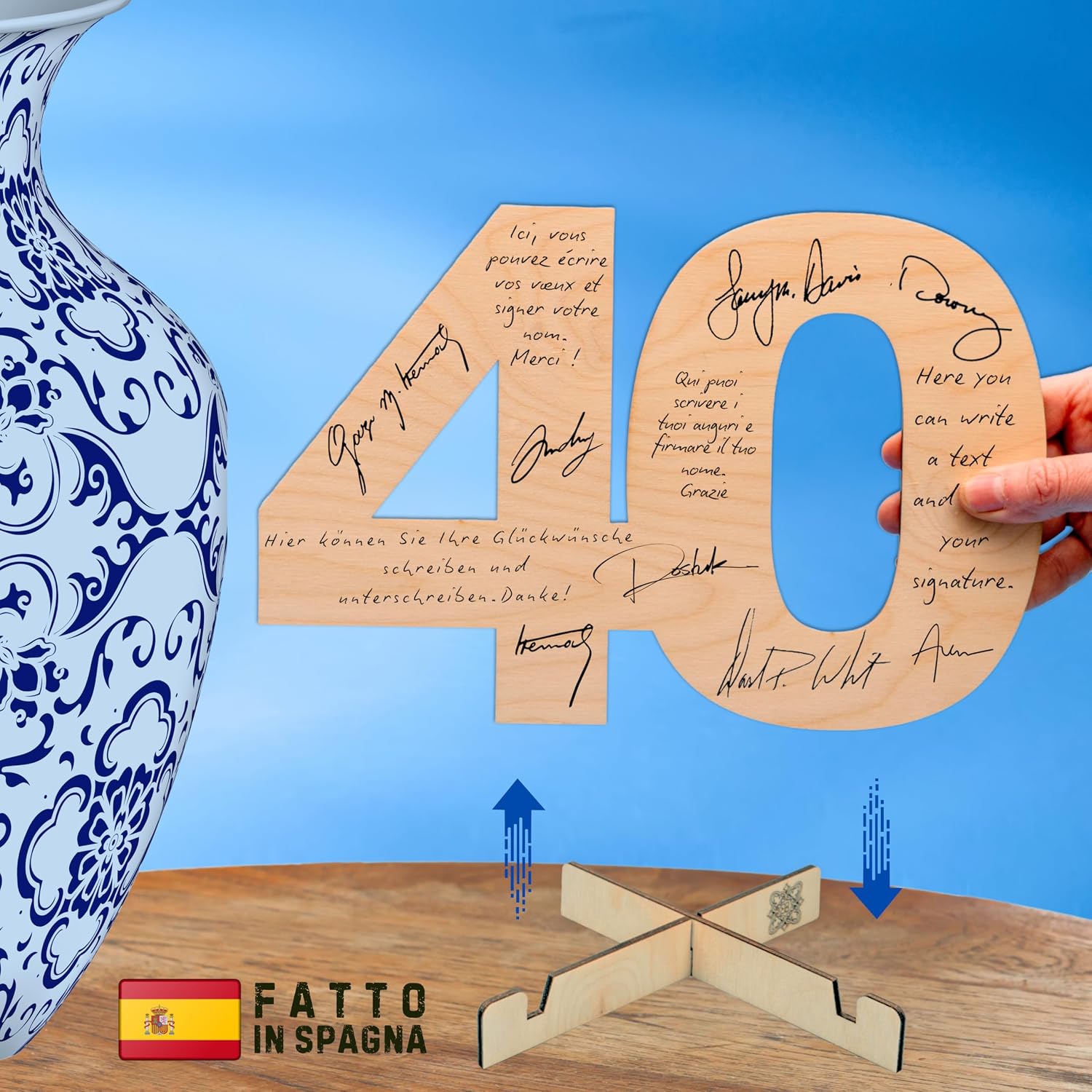 Numero 40 in legno con supporto esposto come centrotavola decorativo per festa di compleanno.