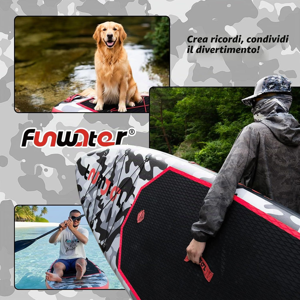 FunWater Sup Gonfiabile Portatile: Tavola Gonfiabile, Pinne, Pompa, Pagaia, Zaino e Guinzaglio di Sicurezza-Ideale per Adulti e…
