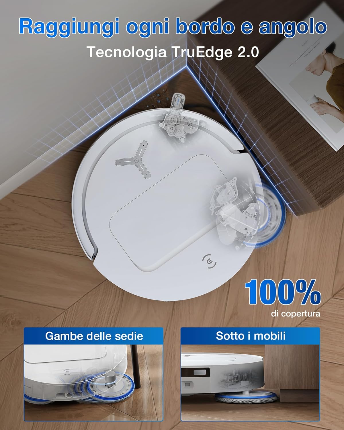 Robot lavapavimenti ECOVACS DEEBOT T50 OMNI mentre lava un pavimento in legno con i suoi panni rotanti bagnati.