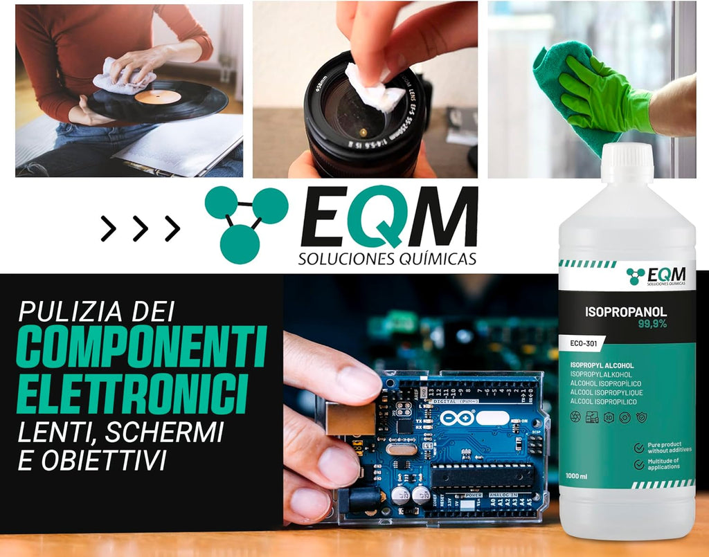 Alcool isopropilico EQM utilizzato per pulire delicatamente la lente di una fotocamera reflex.