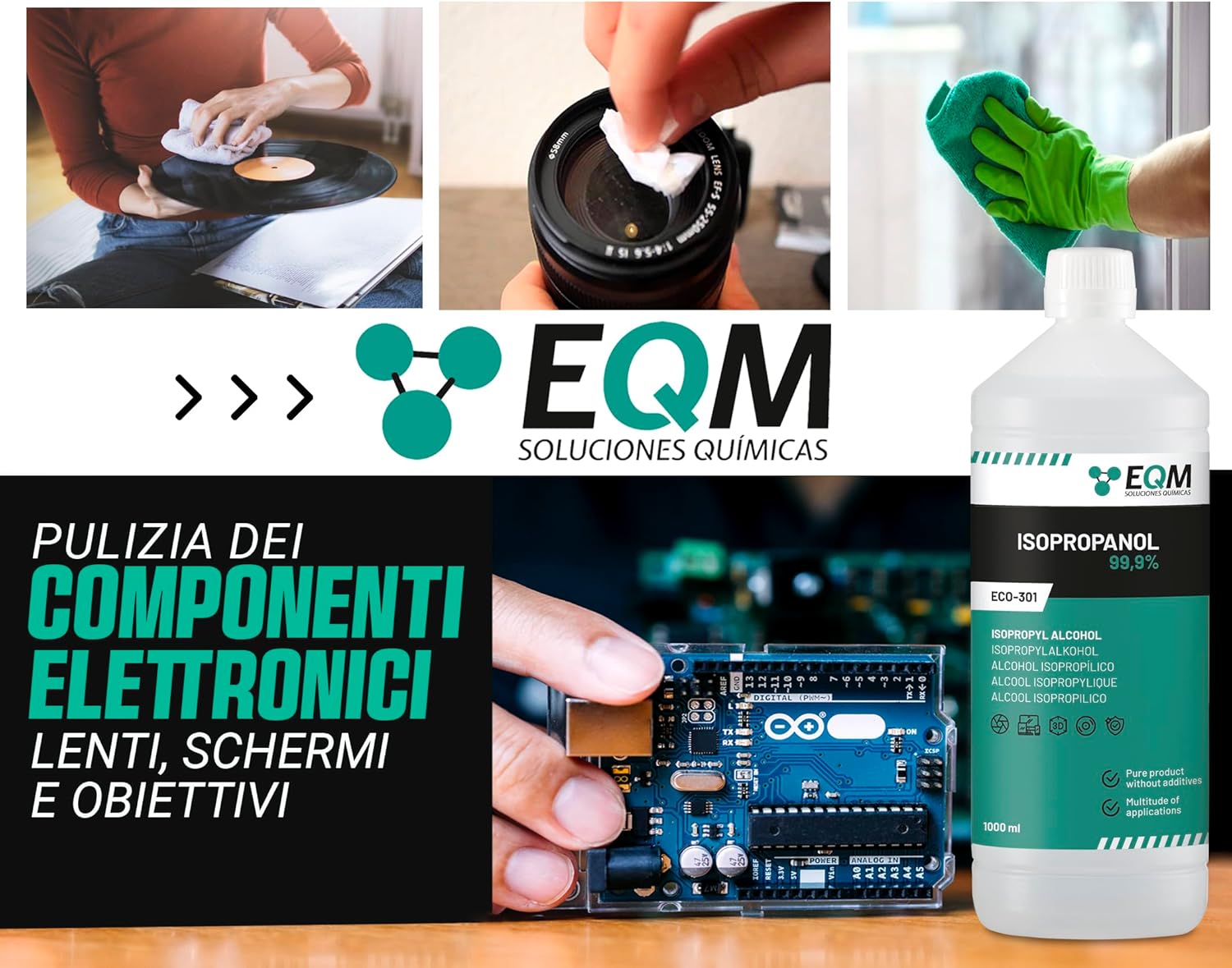 Alcool isopropilico EQM utilizzato per pulire delicatamente la lente di una fotocamera reflex.