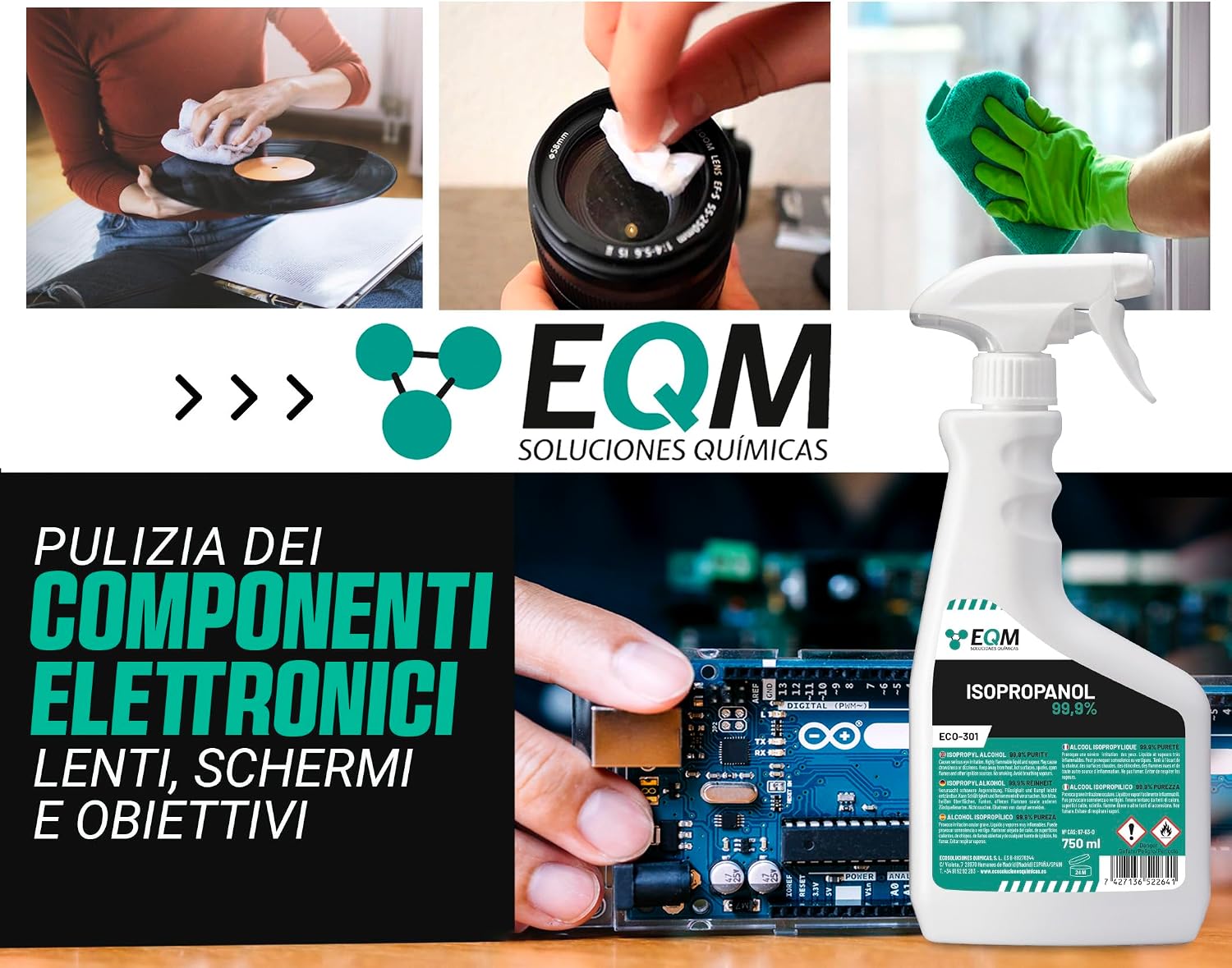 EQM - ECO-301 - Isopropanolo / Alcool Isopropilico 99,9% - 750 ML - Pulizia di Componenti Elettronici, Lenti, Schermi e Resine per…
