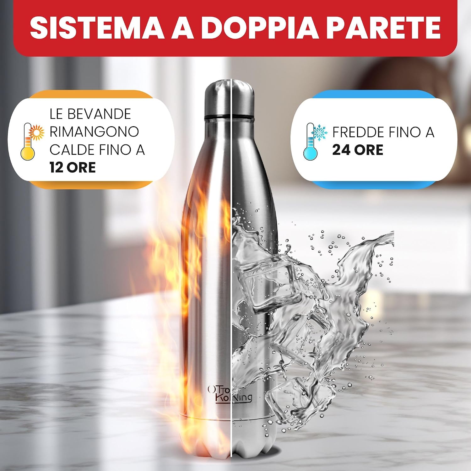 Borraccia Termica 1 Litro Otto Koning, Bottiglia Termica 1L in Acciaio Inox 18/8, Doppia Parete Sottovuoto, Freddo 24h Caldo…