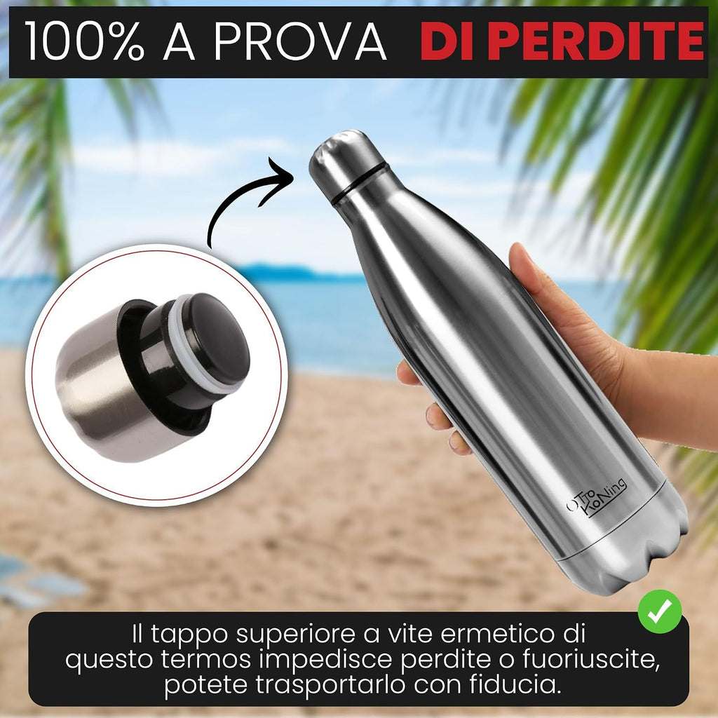 Borraccia Termica 1 Litro Otto Koning, Bottiglia Termica 1L in Acciaio Inox 18/8, Doppia Parete Sottovuoto, Freddo 24h Caldo…