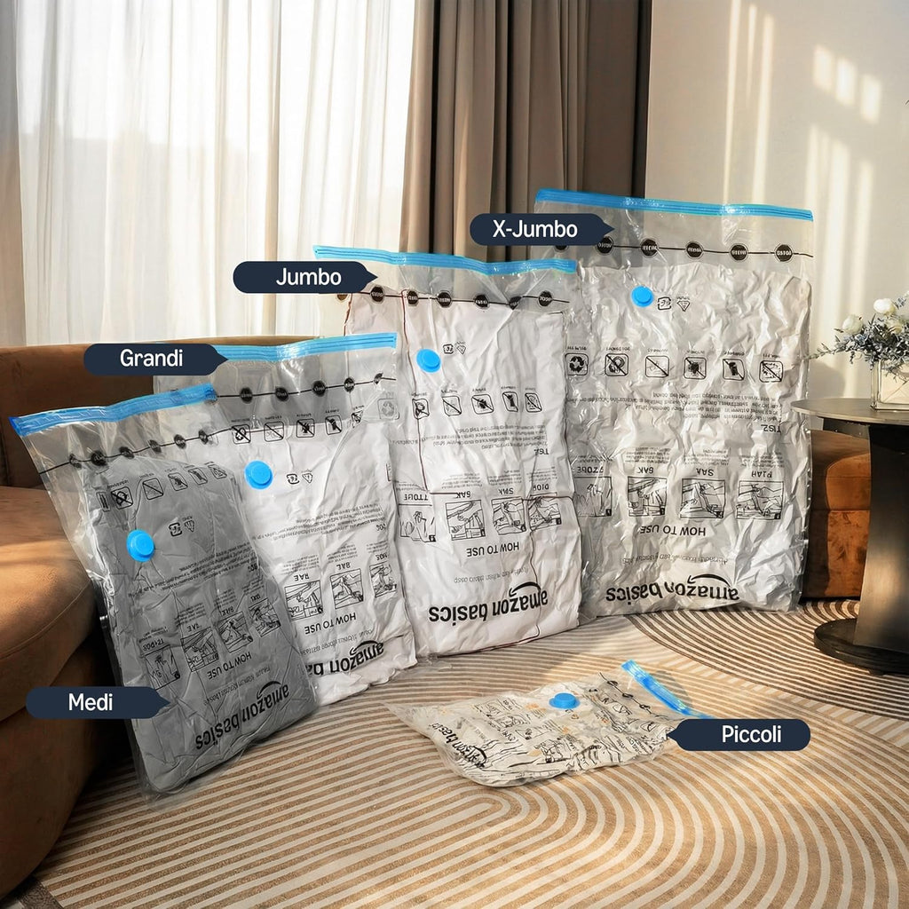 Amazon Basics Sacchetti sottovuoto con Pompa a Mano, Cerniera, Misura Grande, Confezione da 5, Trasparente