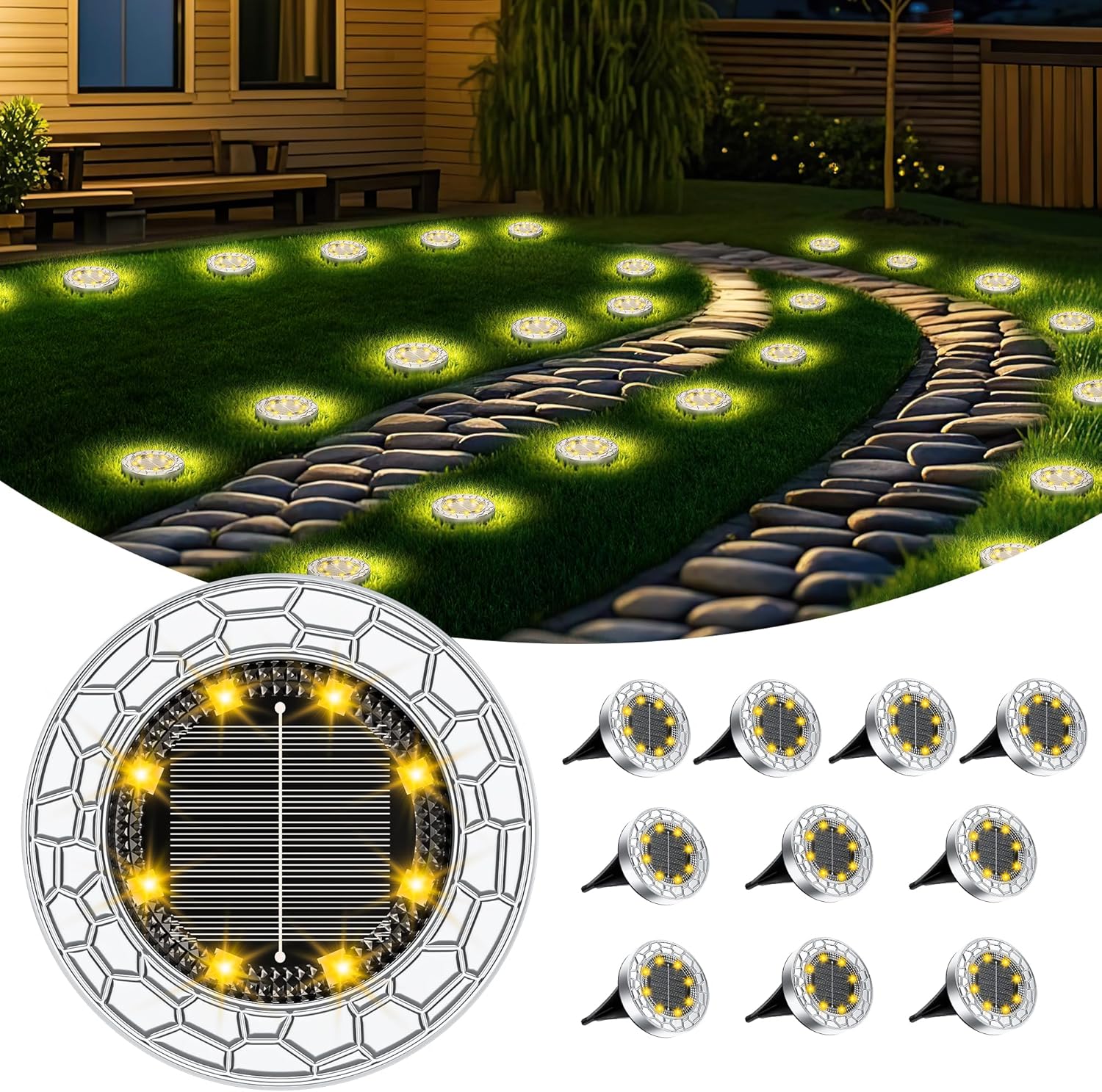 FIFlying 10 pezzi Luci Solari da Giardino, 8 LED Lampade Solare da Terra, Acciaio Inossidabile Bianco Caldo Faretti Sepolta…