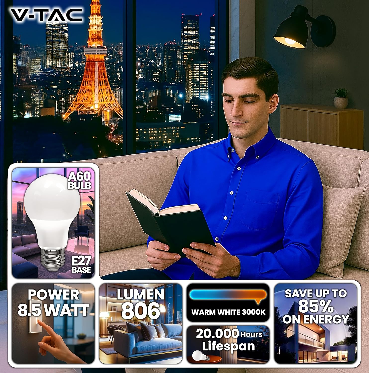 V-TAC 10x Lampadine LED E27 da 8,5W - [ ALTISSIMA EFFICIENZA ] - A60 - (Equivalenti a 60W)…