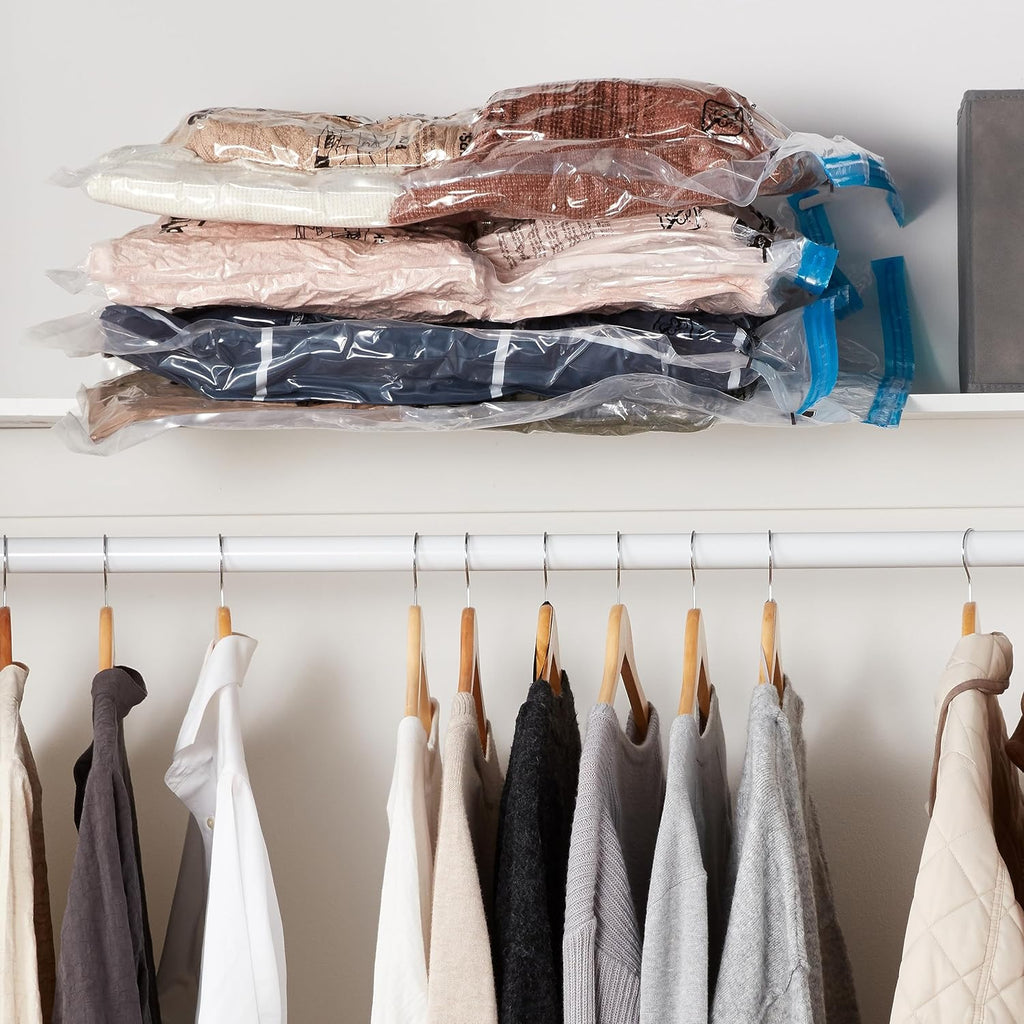 Amazon Basics Sacchetti sottovuoto con Pompa a Mano, Cerniera, Misura Grande, Confezione da 5, Trasparente