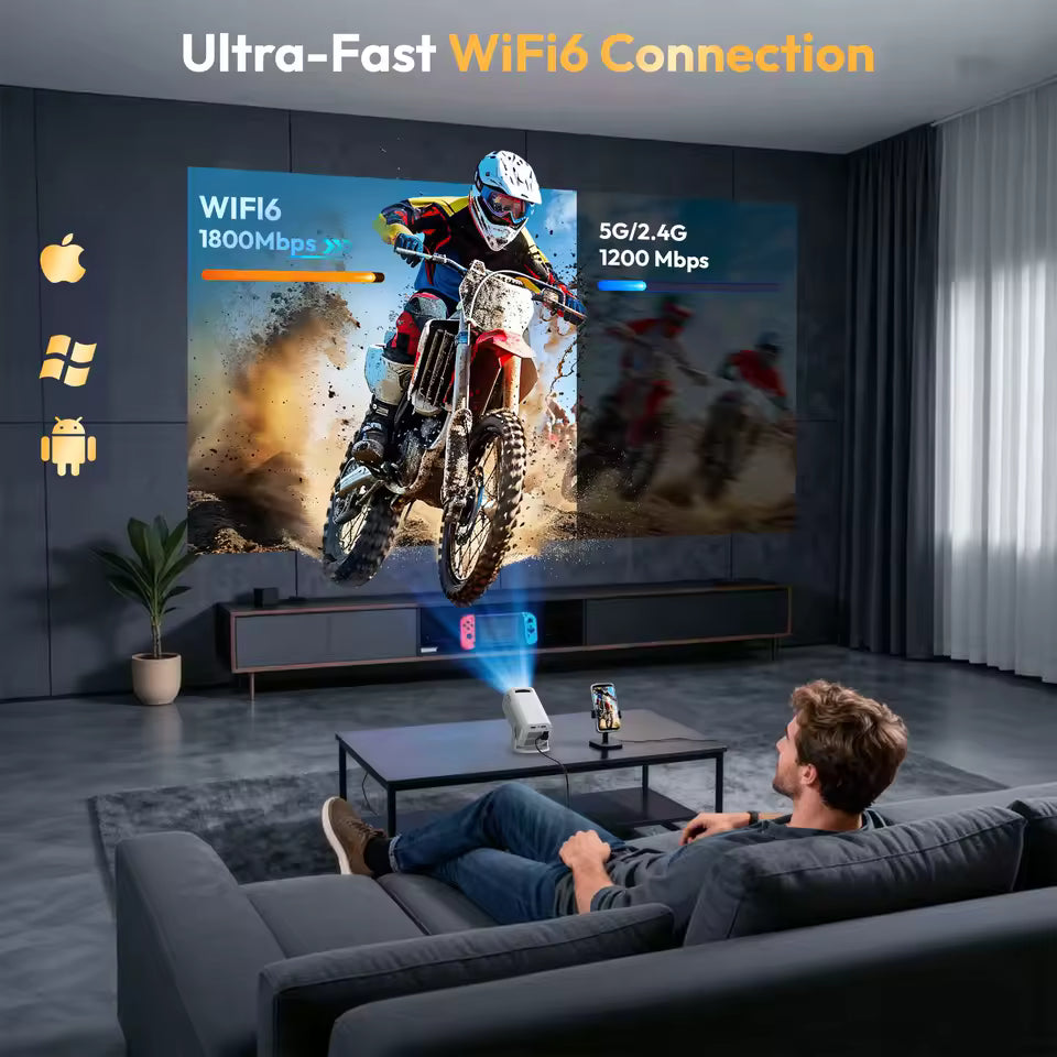 Schermata di sistema Android TV proiettata dal beamer XGODY con app di streaming come Netflix e YouTube.